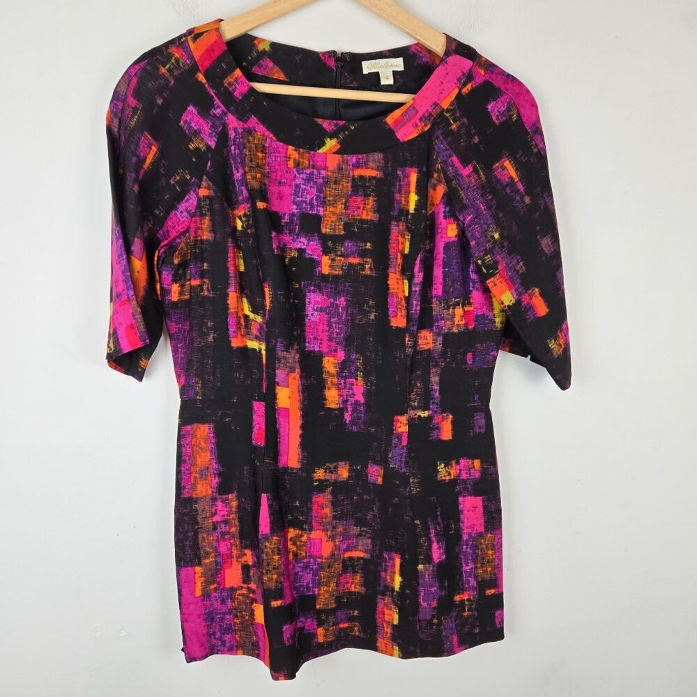 Shoshanna Mini Dress Womens 4 Purple Black Abstract Zip Club Party Cotton Silk